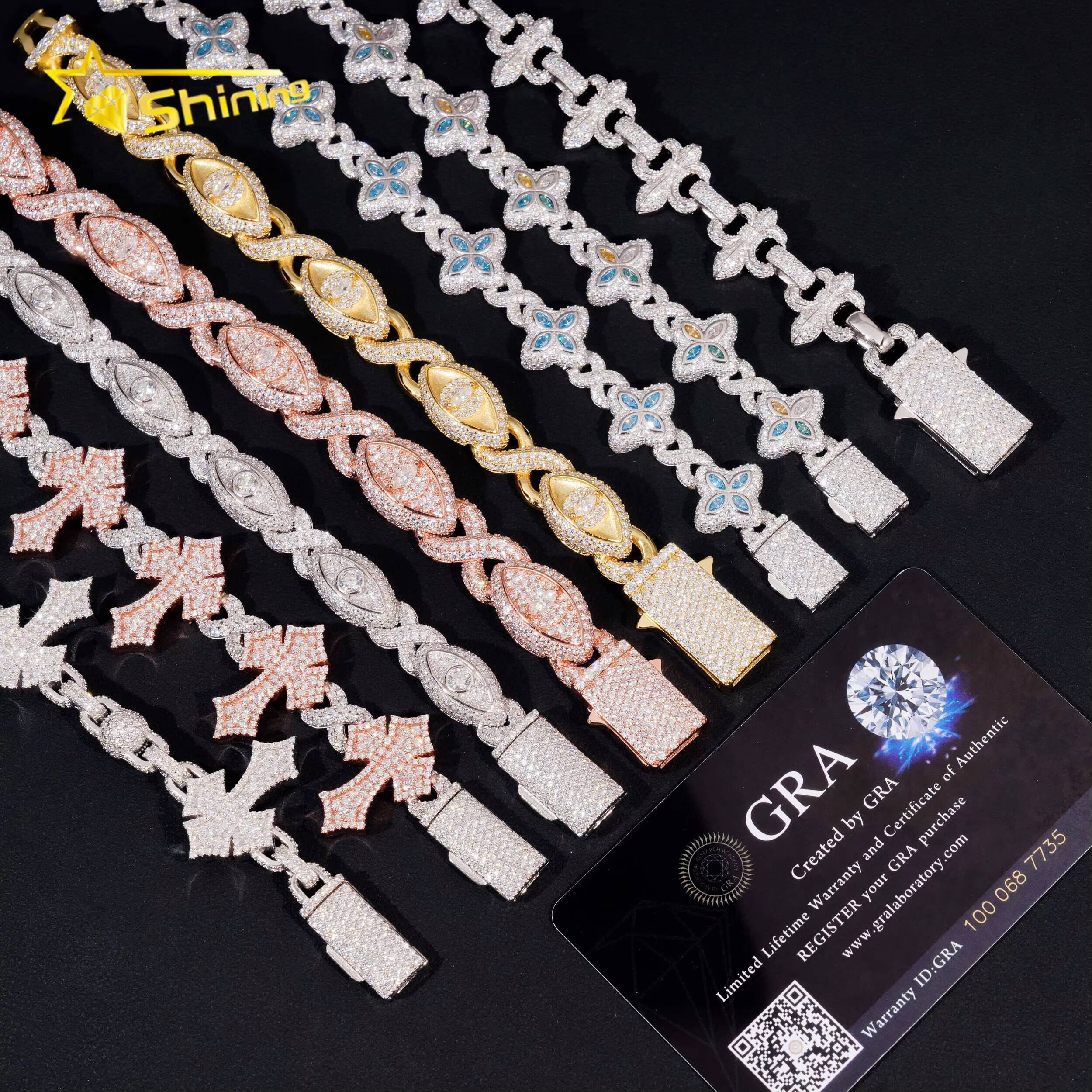 Men Hot Selling Moissanite Bracelets Collection Iced Out 925 Sterling Silver Moissanite Cross Evil Eyes Cuban Bracelet