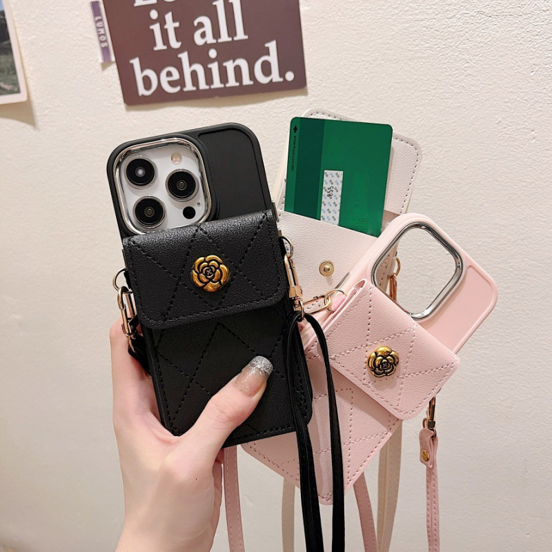 Camellia Card Holder Phone Case Compatible with iPhone 17/16 Pro Max Crossbody Strap Fashion Soft Protective Case iPhone 15/14