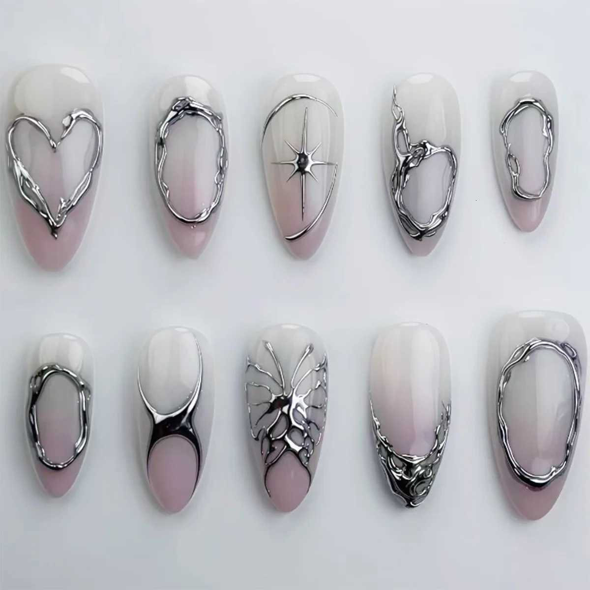 24pcs Cats Eye False Nail Finished Shiny Powder Pearl Design Nails Sets Press on Fashion Flower French Long Almond Fake NailsT251118T251119