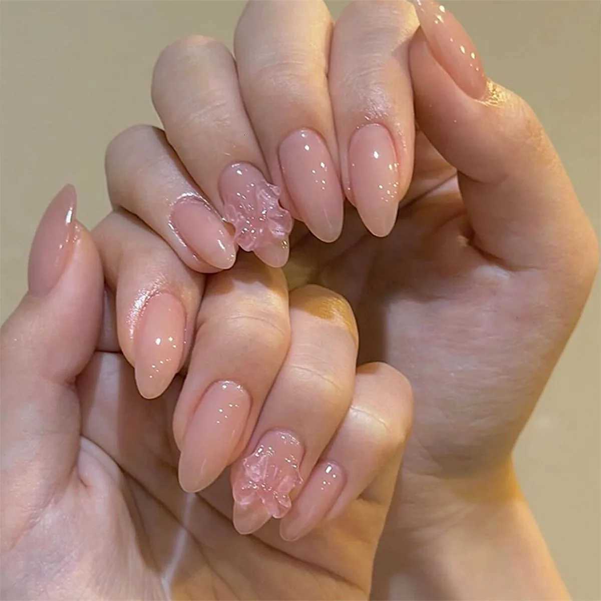 24Pcs Mid-length Almond Press on Nails with Flower Shiny Powder Design Fake Nail Detachable Finished Full Cover False Nails TipsT251118T251119