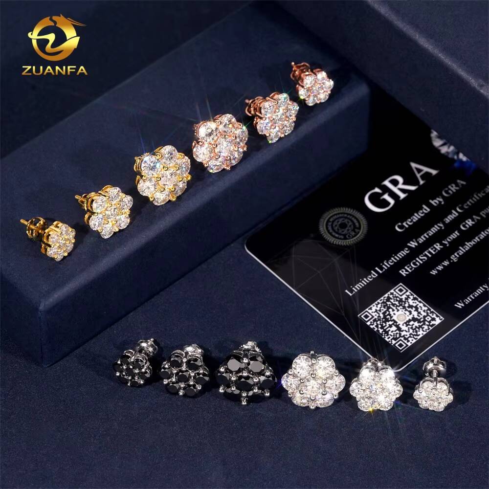 Cluster Fashion 9mm 12mm 15mm Ear Studs Screw Back Iced Out Hip Hop Jewelry 925 Silver Vvs Moissanite Women Flower Stud Earring