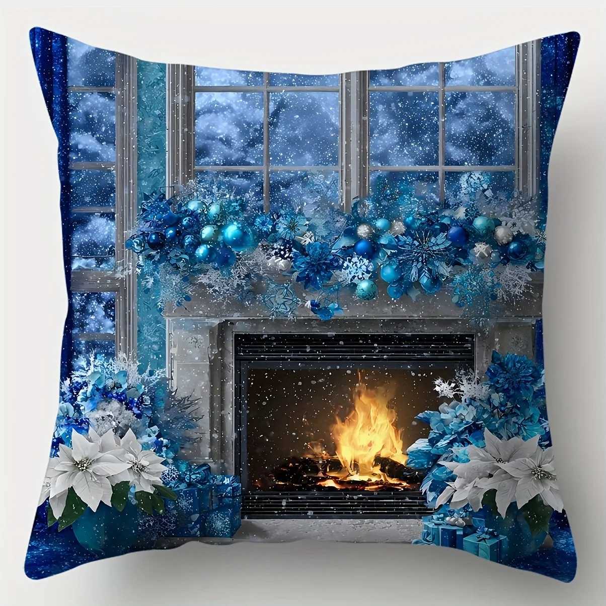 4pcs Christmas Covers Royal Blue with Snowman Blue-White Floral Fireplace Design Festive Decor for Living Room SofaM251119