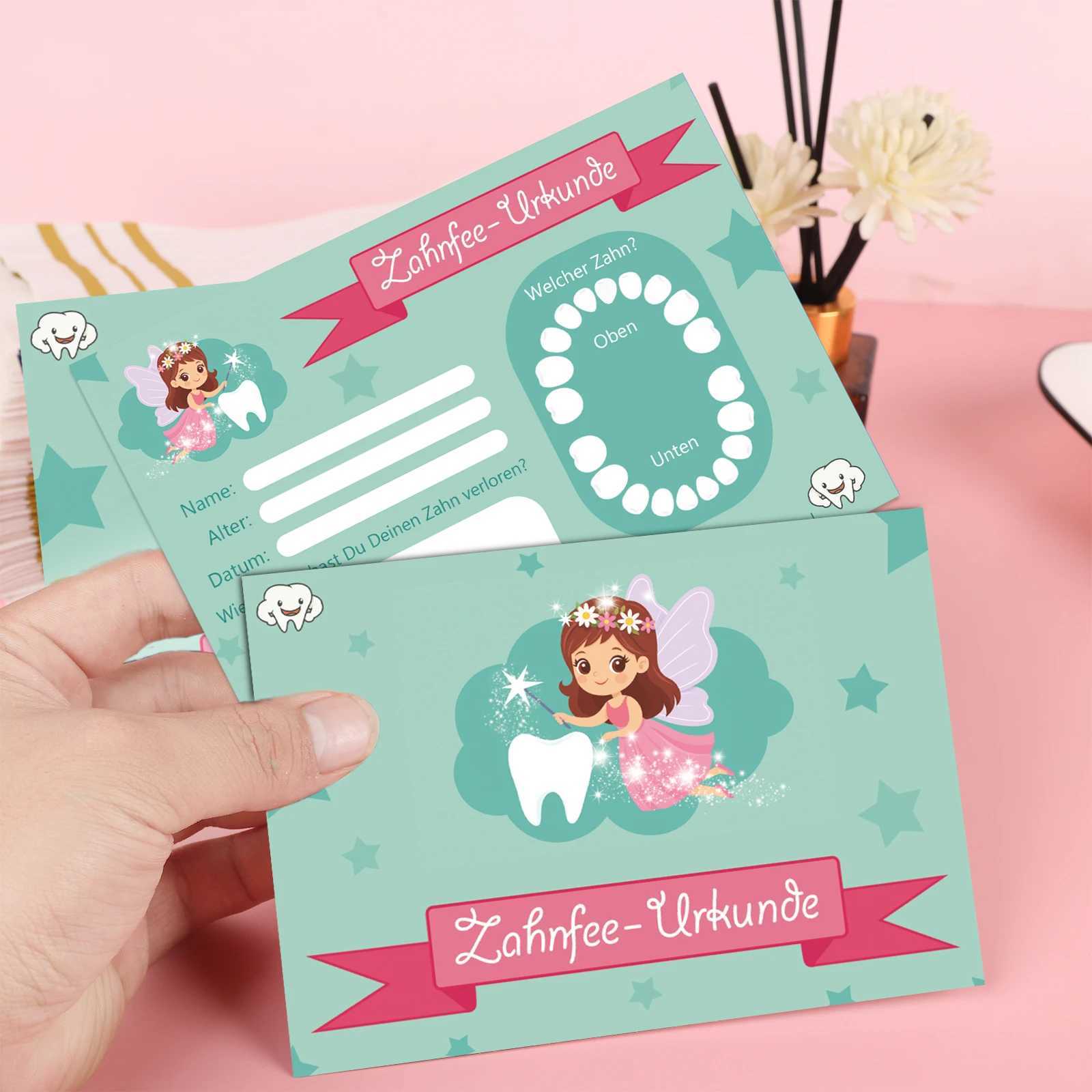 12pcs Tooth Fairy Certificate Zahnfee Urkunde Tooth Loss Commemorative Card with Green Background and Tooth Fairy Pattern Name G251119