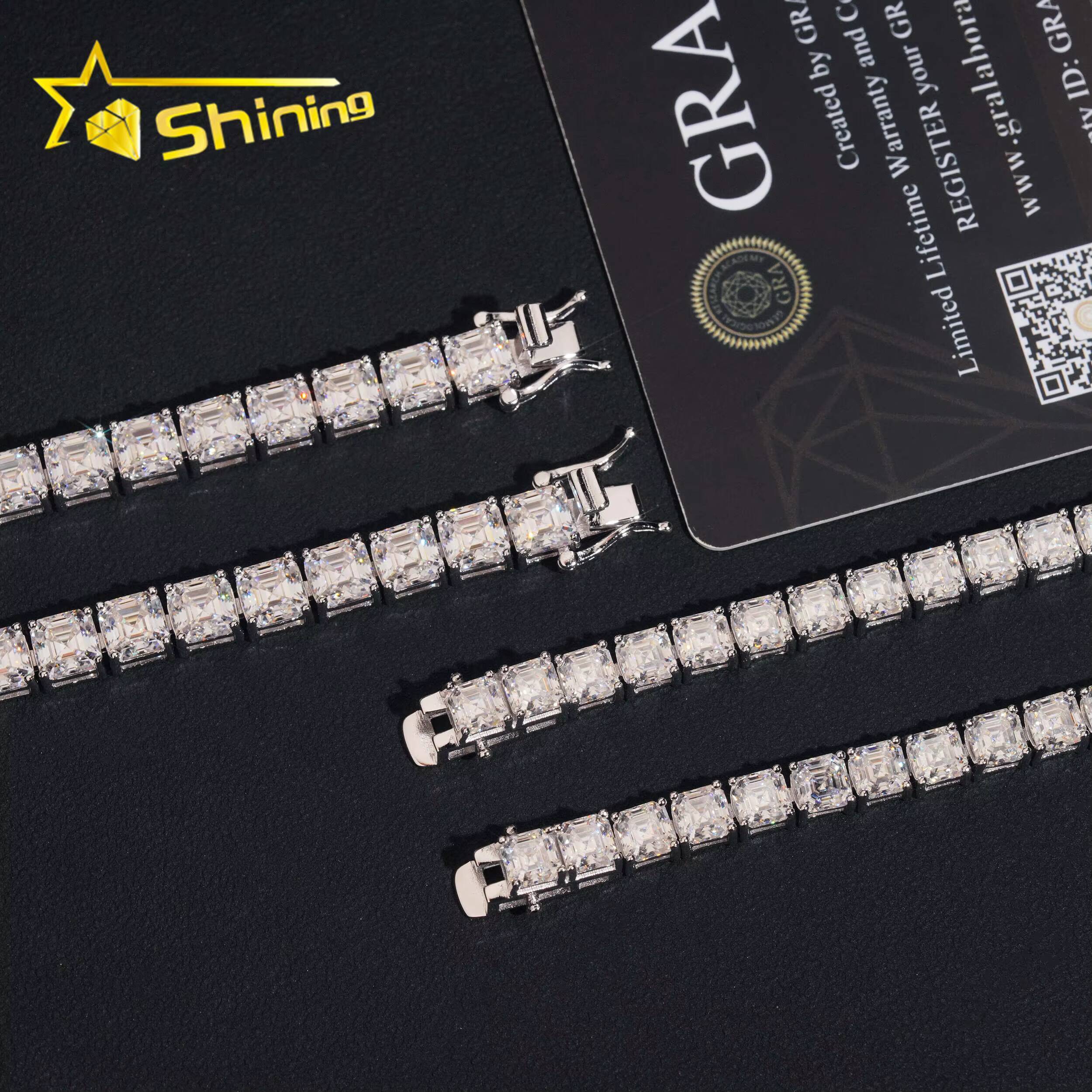 New Stocks 925 Silver Rhodium Plated Men Women Tennis Bracelet Hip Hop 5mm 6mm Asscher Cut Moissanite Diamond Bracelet