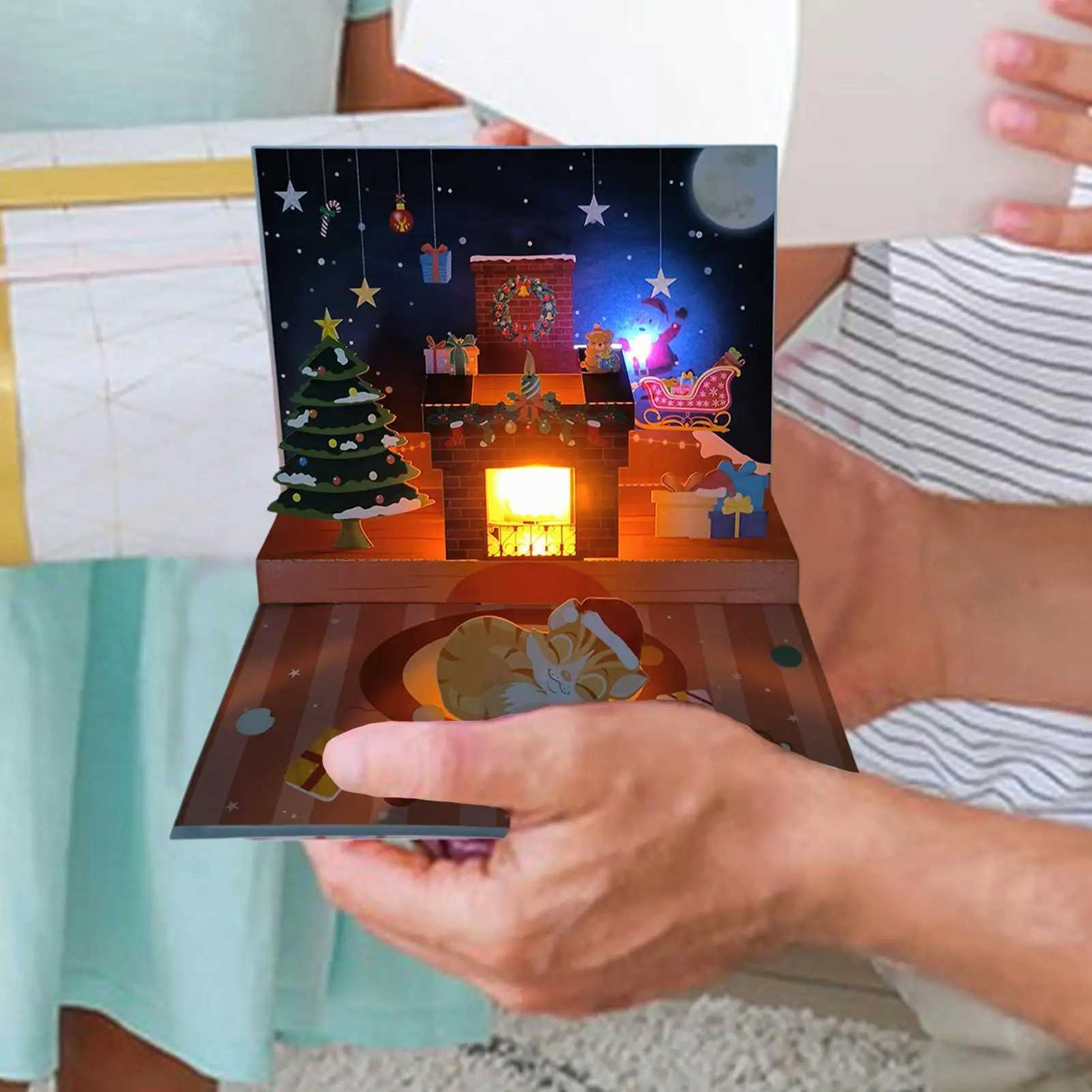 Christmas PopUp Cards Musical Greeting Cards with Light Santa Projection 3D Blessing Cards Christmas Gift for Family Friends G251119