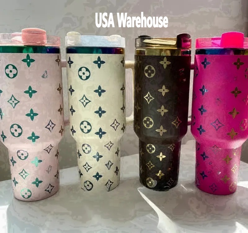 Wicked Sharck Fancy Blue Magnolia Rose Lilac Cup 40oz Stainless Steel Mug with Handle Lid and Straw Touring Car Cup Slate Warm Mugs