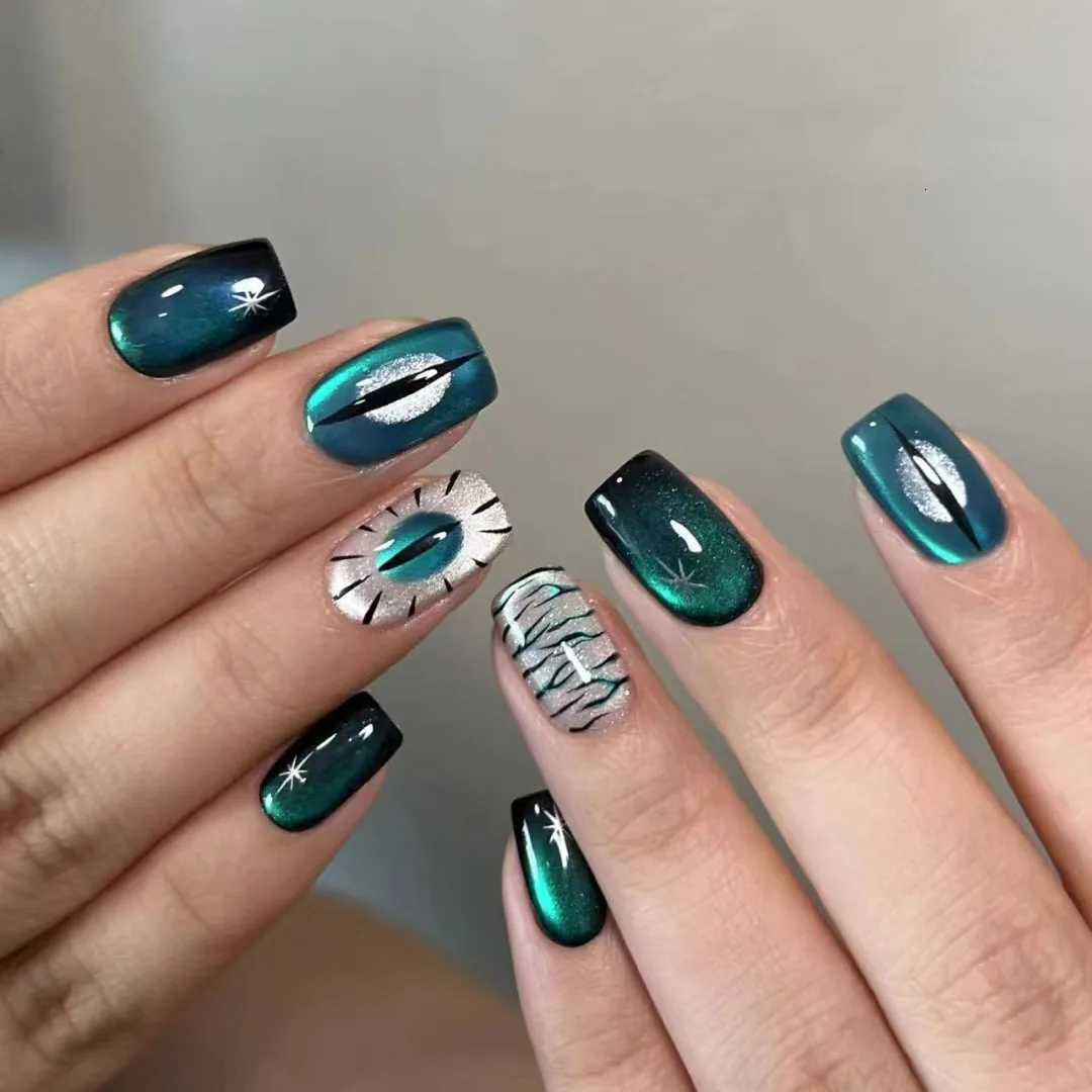 24Pcs Short Square Head False Nail with Purple Leopard Print Cats Eye Design Press on Nails Tips Reusable Full Cover Fake NailsT251118T251119