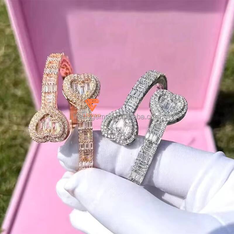 Lifeng Jewelry Moissanite Bracelet Ice Hip Hop Baguette Cut Diamond Heart Shape Bangle Bracelet Silver Rose Gold Plated Wome