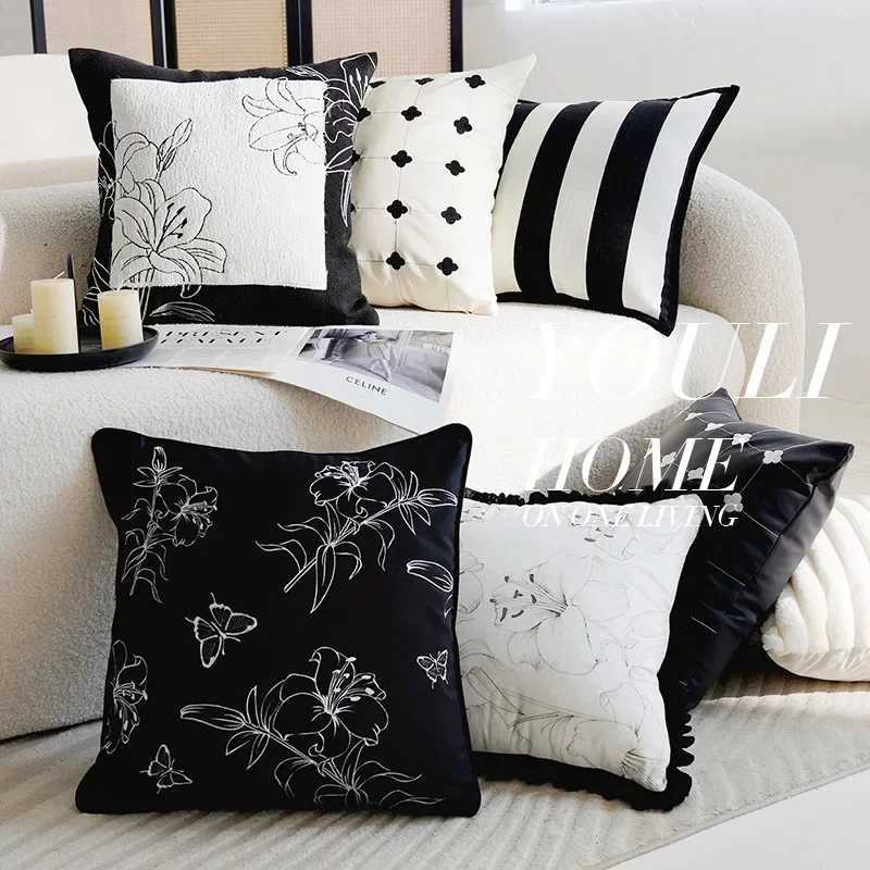 30x50/45x45cm Black and White Embroidered Cover Decorative Cushions Modern Light Luxury Sofa Bed Living Room DecorM251119