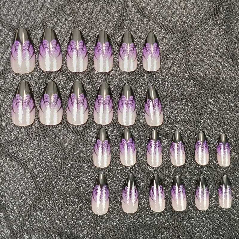 24pcs Halloween Spider Web Purple Almonds Fake Nails Press on Acrylic Tips for Nails Fingernails Decorated False Nails with GlueT251118T251119