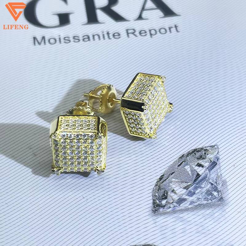 925 Sterling Silver Fine Jewelry Earrings Shiny Square Pleated With Gold Iced Out Moissanite for Men Women