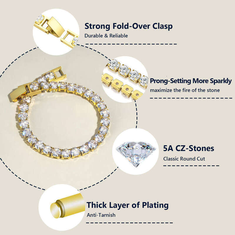 Shiny 4mm hip-hop moissanite Classic Tennis Real 14k Gold Plated 6.5-7.5inch Round Charm moissanite Bracelet Suitable for Women Size