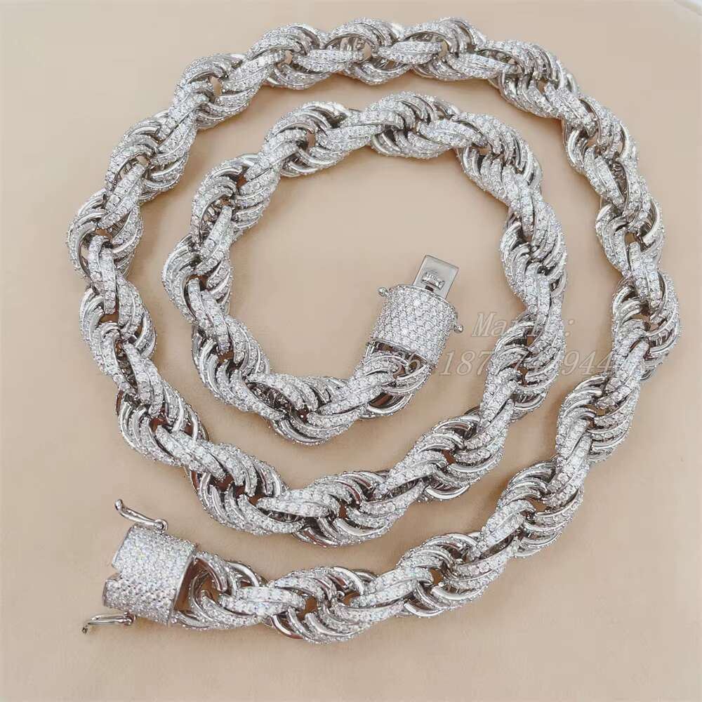Drop Shipping White Gold 925 Sterling Silver 15mm Micro Pave Vvs Moissanite Diamond Rope Chain Necklace