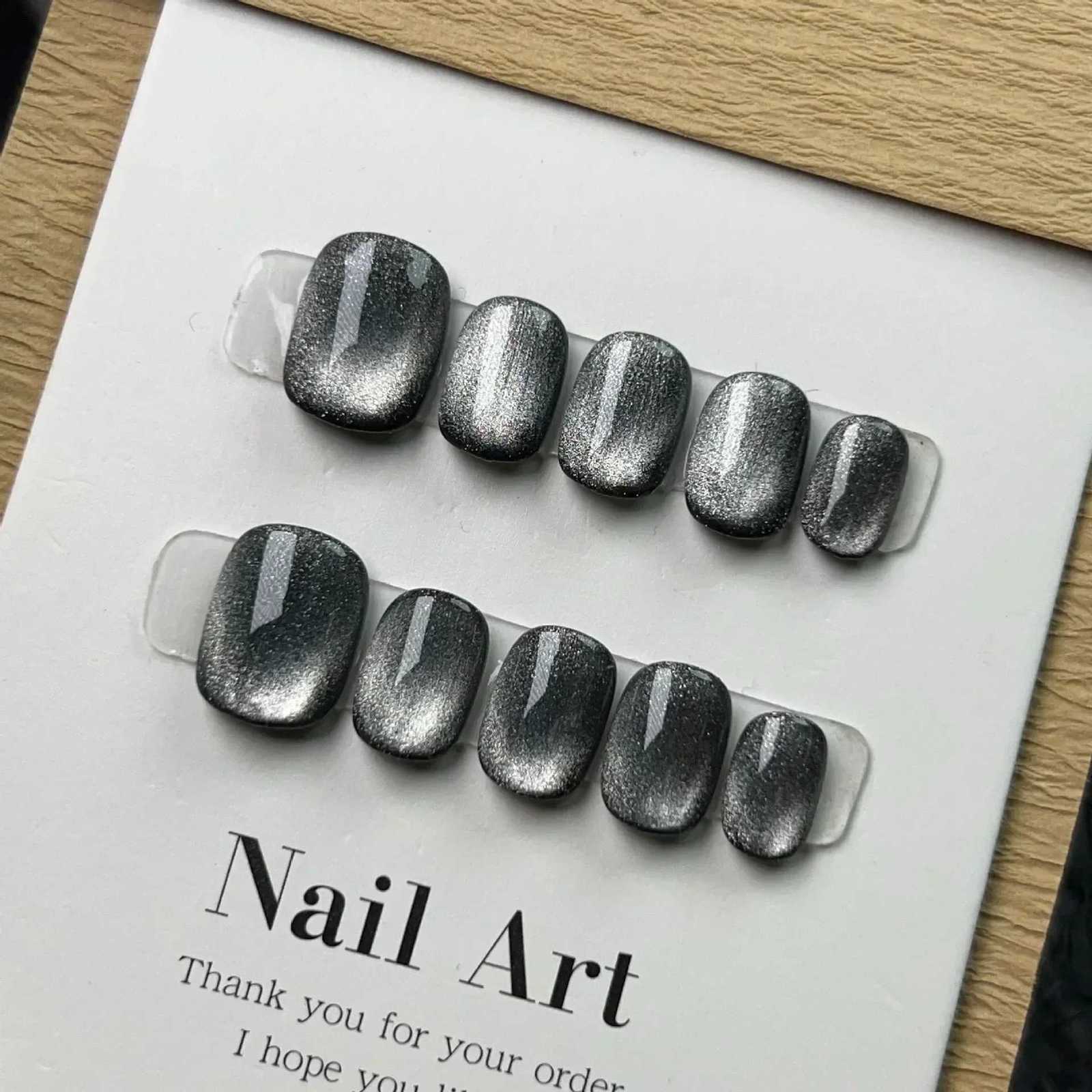 10Pcs Short Handmade Press on Nails Black Cat Eye Fake Nails Wearable Stick-on Nails False Nail Uas Postizas T251118T251119