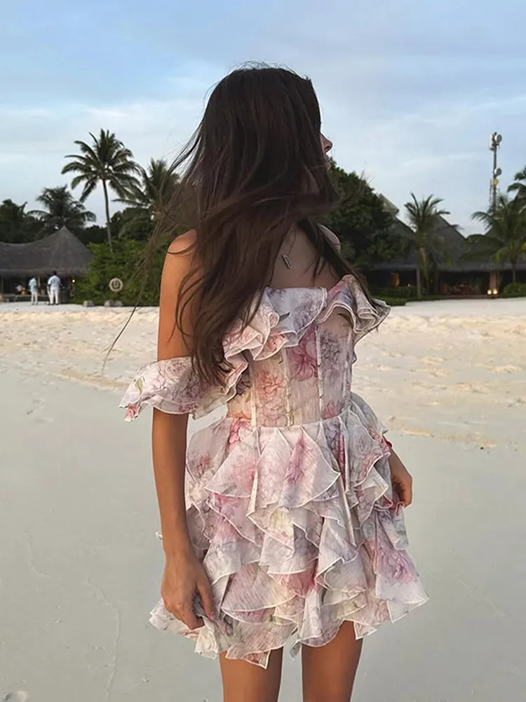 Fashion Printed Ruffle Womens Mini Dress Chiffon Body High Waist Vestdos Vacation Street 250418