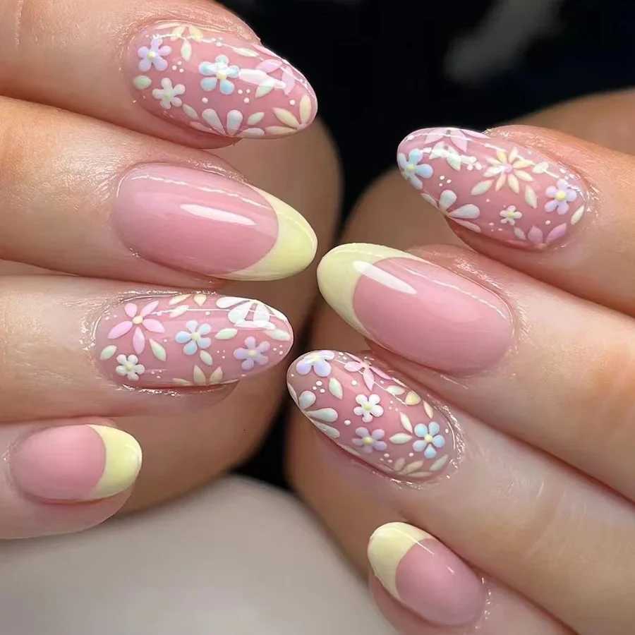 24pcs/box Glossy Short Square Fake Nails Colorful French Tip Press On Nails Flower Pattern Spring Summer False Nails For WomenT251118T251119
