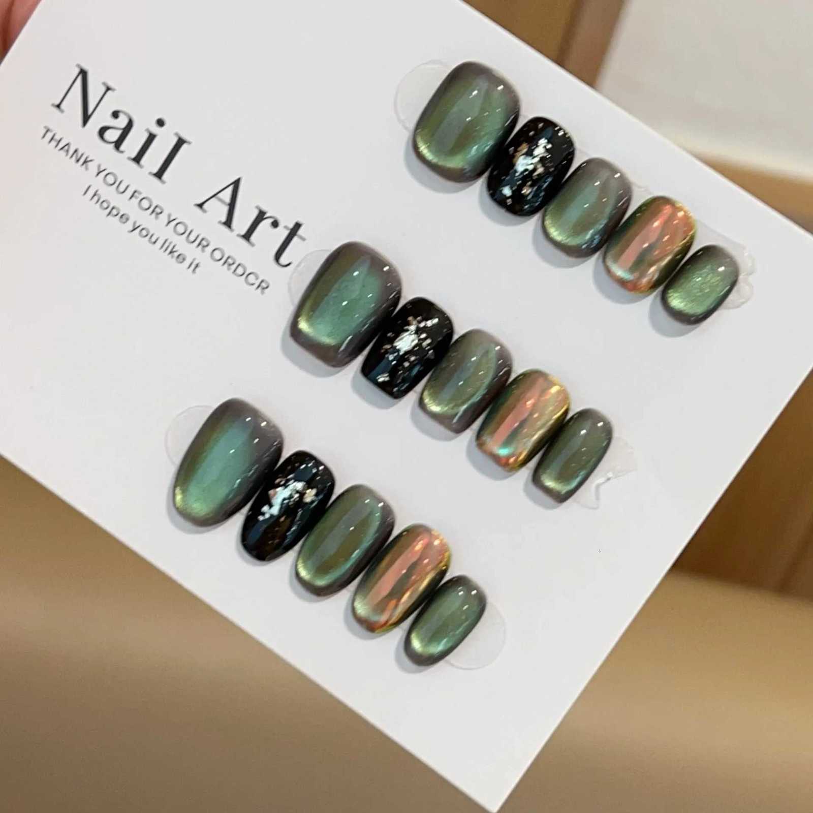 10pc Handmade Press on Nails Green Glass Bead Cats Eye Aurora Pink False Nail for WomenGirl Short Removable Wearable Fake NailT251118T251119