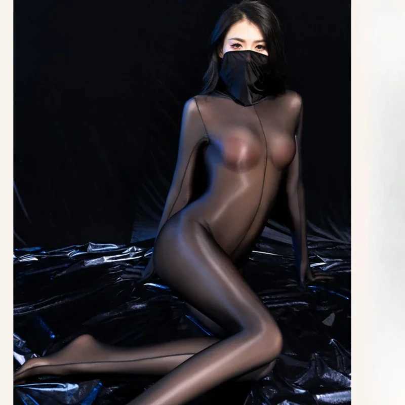 Womens sexy lingerie jumpsuit shiny body stockings see through underwear full set of open transparent pantyhose W250419