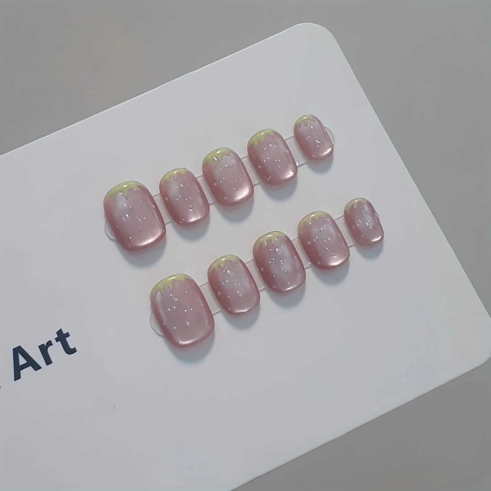 10pcs Handmade Press on Nails Sweet Strawberry Glass Beads Cats Eye Fake Nail Pink Summer Detachable Wearable Nail for WomenT251118T251119