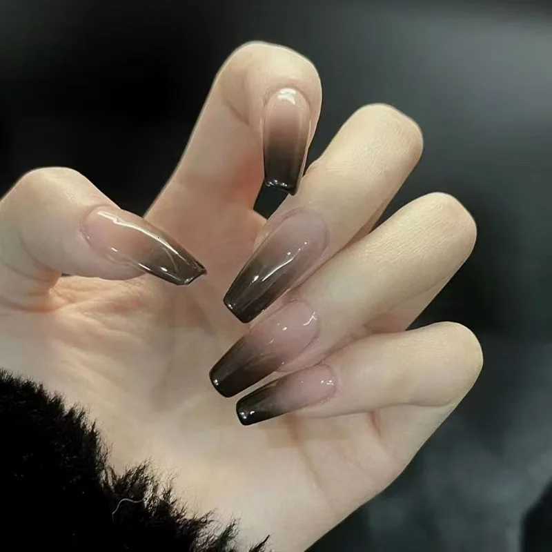 Black Green Long Coffin False Nails Gradient Color Press on Nails Full Cover Ballet Fake Nails Tips for Women Girls DIY ManicureT251118T251119