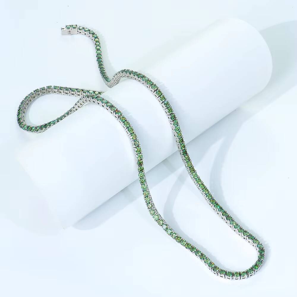 Hip Hop Jewelry 925 Silver Necklace Rhodium Plated Round Brilliant Cut Green Original Color Moissanite Tennis Link Chain