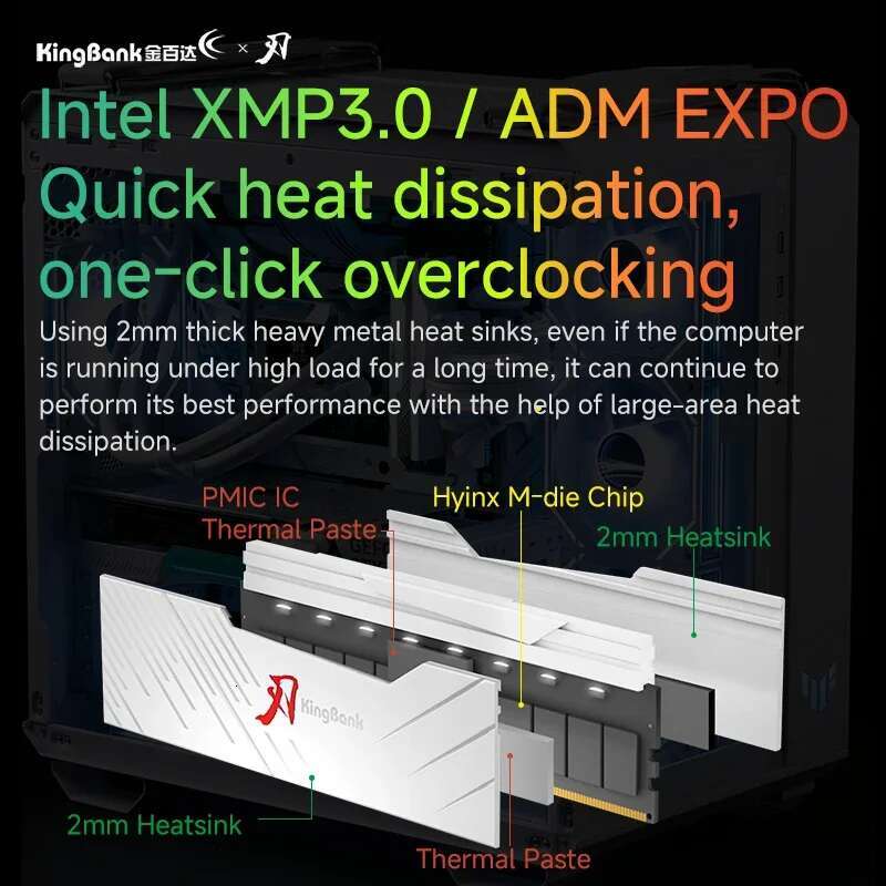 KingBank DDR5 White RGB 288pin memoria ram 24GBx2 7600MHz UDIMM Memory Desktop Memory Hynix M die CL36