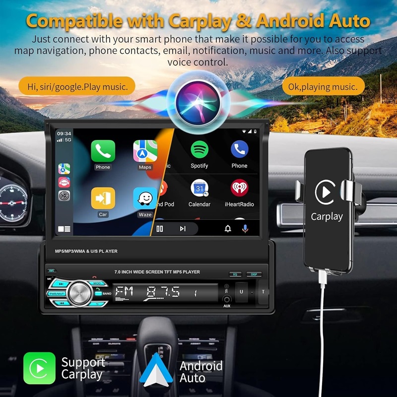 Retractable 7 inch Touch Screen Flip Out Screen Car Stereo with Wireless Carplay and Android Auto, Radio Support Bluetooth/SWC/USB/FM + Backup Camera 