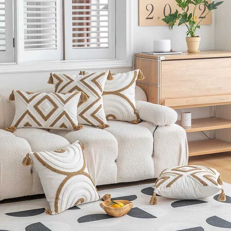 New Geometric Embroidered Case CottonTufted Fringed Cushion Cover 4545/3050cm Decorative Home Cover for SofaM251119