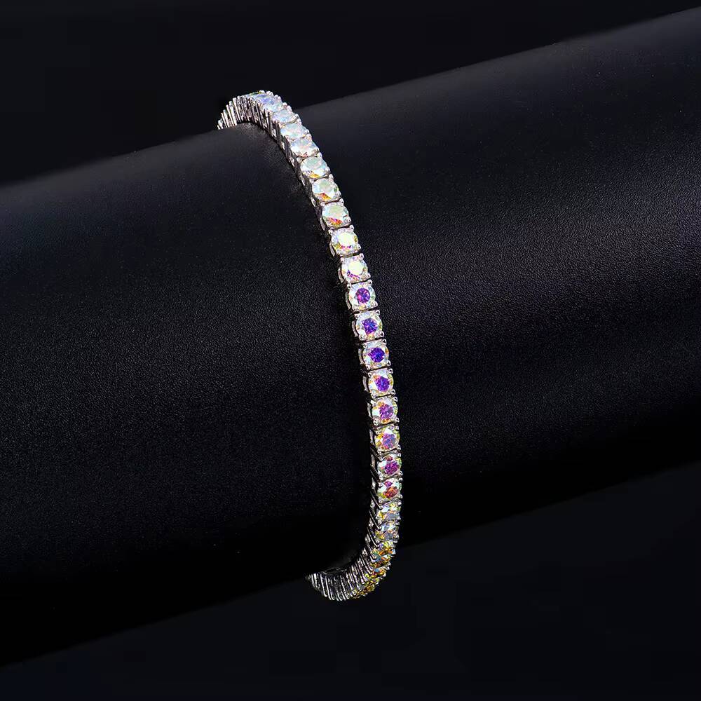 Colorful Moissanite Tennis Bracelet 3mm Rainbow Color 925 Sterling Silver Tennis Chain White Gold Plated with GRA Cert