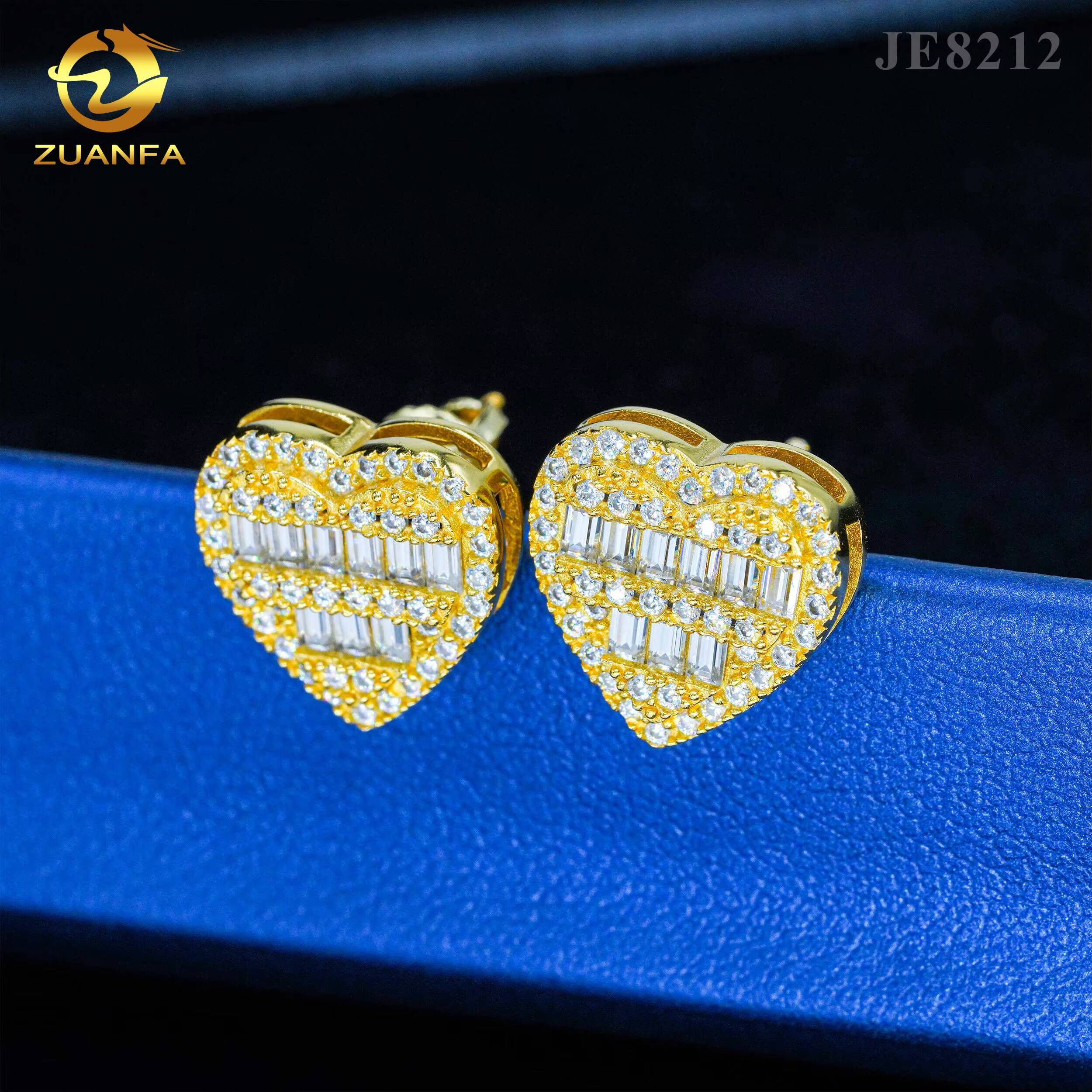 Fine Jewelry 925 Sterling Silver Heart Design Earring Studs Screw Back Women Men Vvs Baguette Diamond Moissanite Earring Studqqvvv