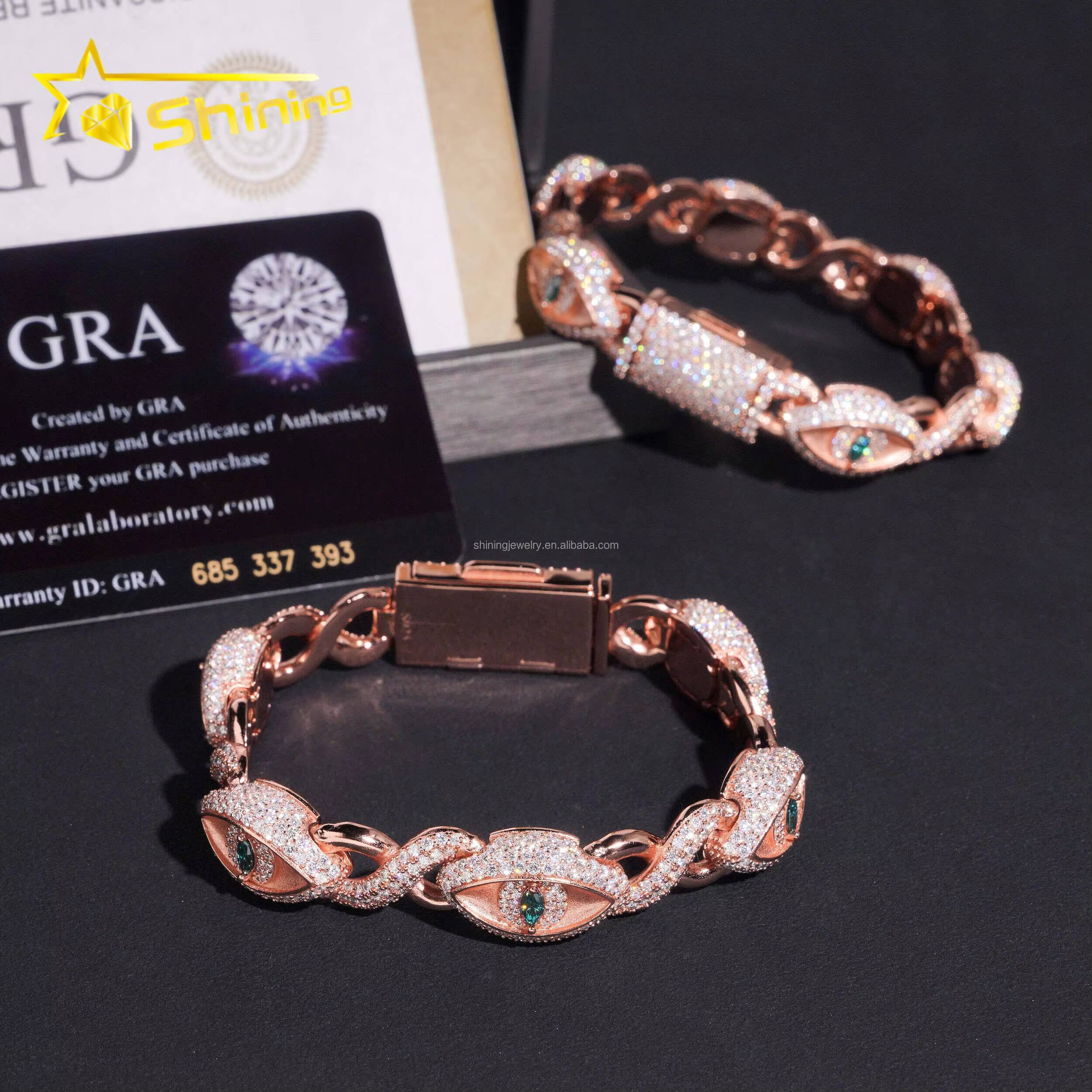 New Design 12mm Jewelry Hip Hop Green White Marquise Moissanite Diamond Iced Out S925 Silver Infinity Evil Eyes Cuban Bracelet