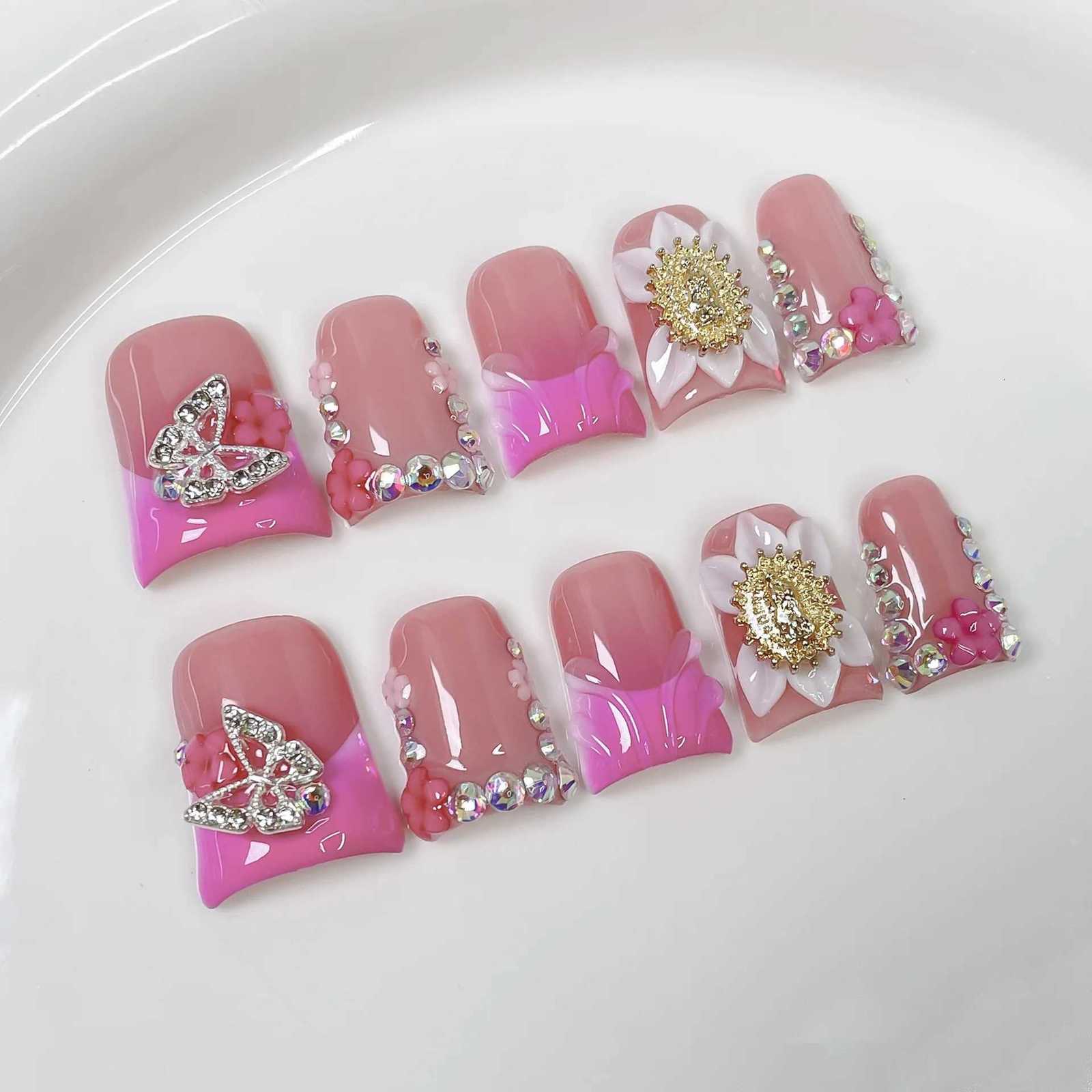 10pcs Flower Short Duckbill Handmade Press on Nails Set Pearl Seashell Design False Nails Art Reusable Blue French Fake Nail TipT251118T251119