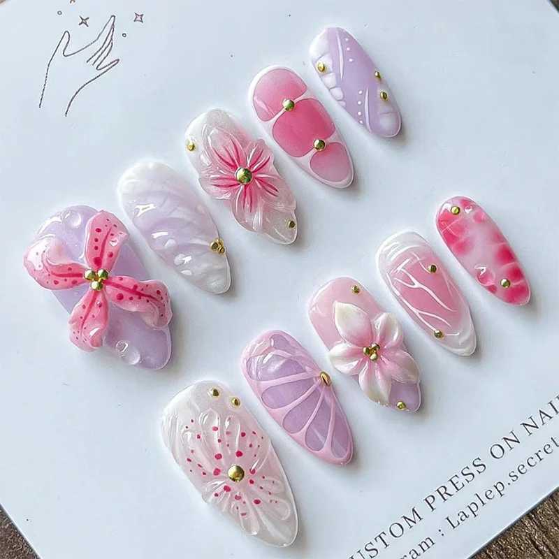 24Pcs 3D Shell Starfish French False Nails Press on Mid-length Almond Pearlescent Design Fake Nails Wearable Full Cover Nail TipT251118T251119
