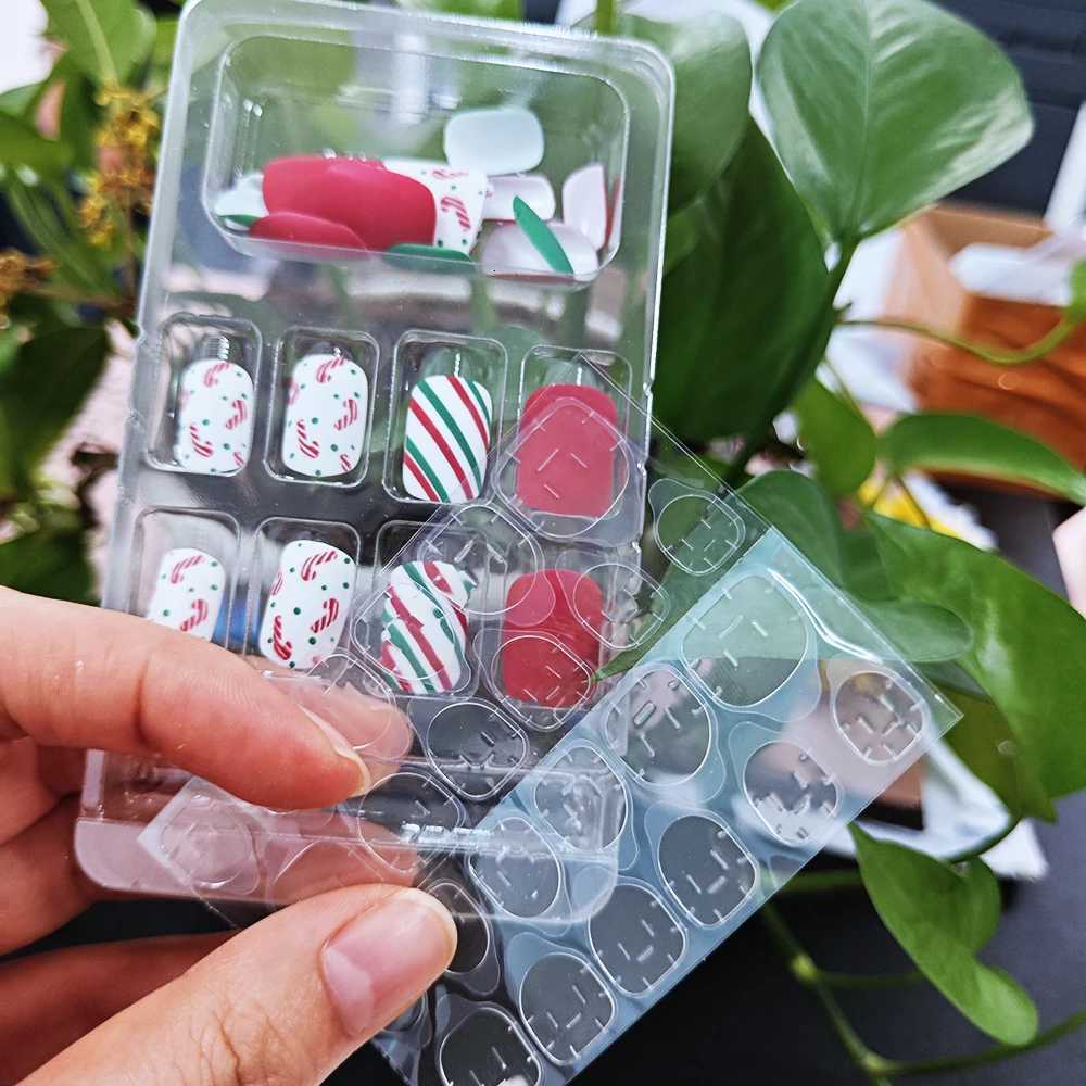 24Pcs/box Christmas Square Round Fake Nails Colorful LineRound Dot Press On Nails Full-Cover Short Square Glossy Xmas Nail TipsT251118T251119