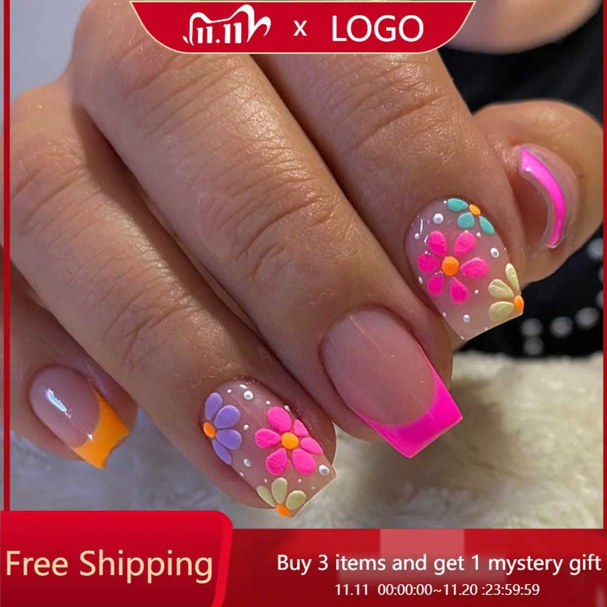 24pcs Colorful Flower French Tip Press On Nails - Glossy Full Cover Short Square False Nails-Perfect for Spring and Summer WearT251118T251119