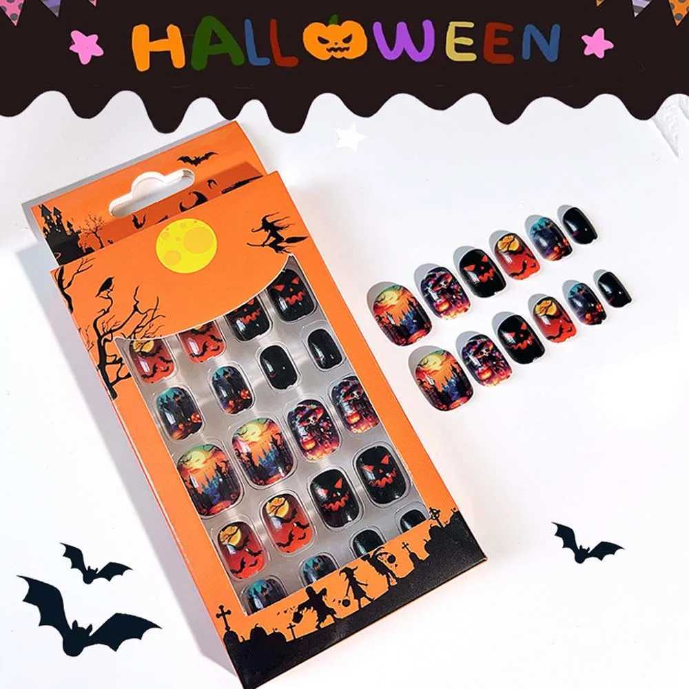 24Pcs/set Bat Spider Web Children Halloween False Nails Pumpkin Ghost Kids Cartoon Fake Nails Nail Supplies with Jelly GelT251118T251119