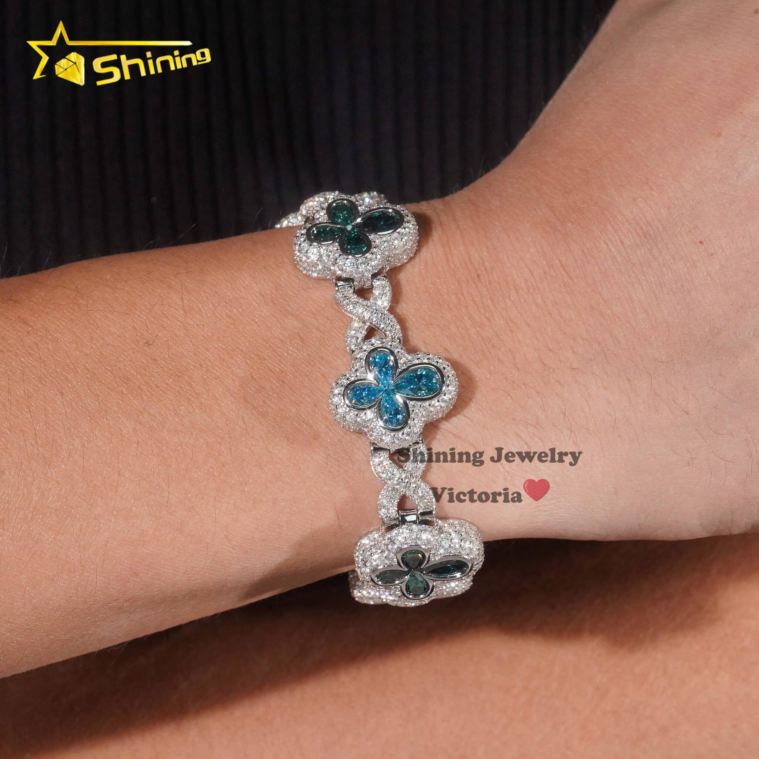 New Arrival Bling Hip Hop Jewelry 925 Sterling Silver Colored Pear Moissanite Diamond Iced Out Clover Infinity Link Bracelet Men
