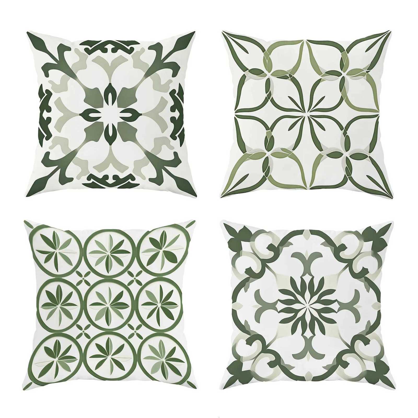 4pcs Bohemian Floral Velvet Throw Covers - Green White Soft Decorative cases with Zipper Closure One-Sided PrintM251119