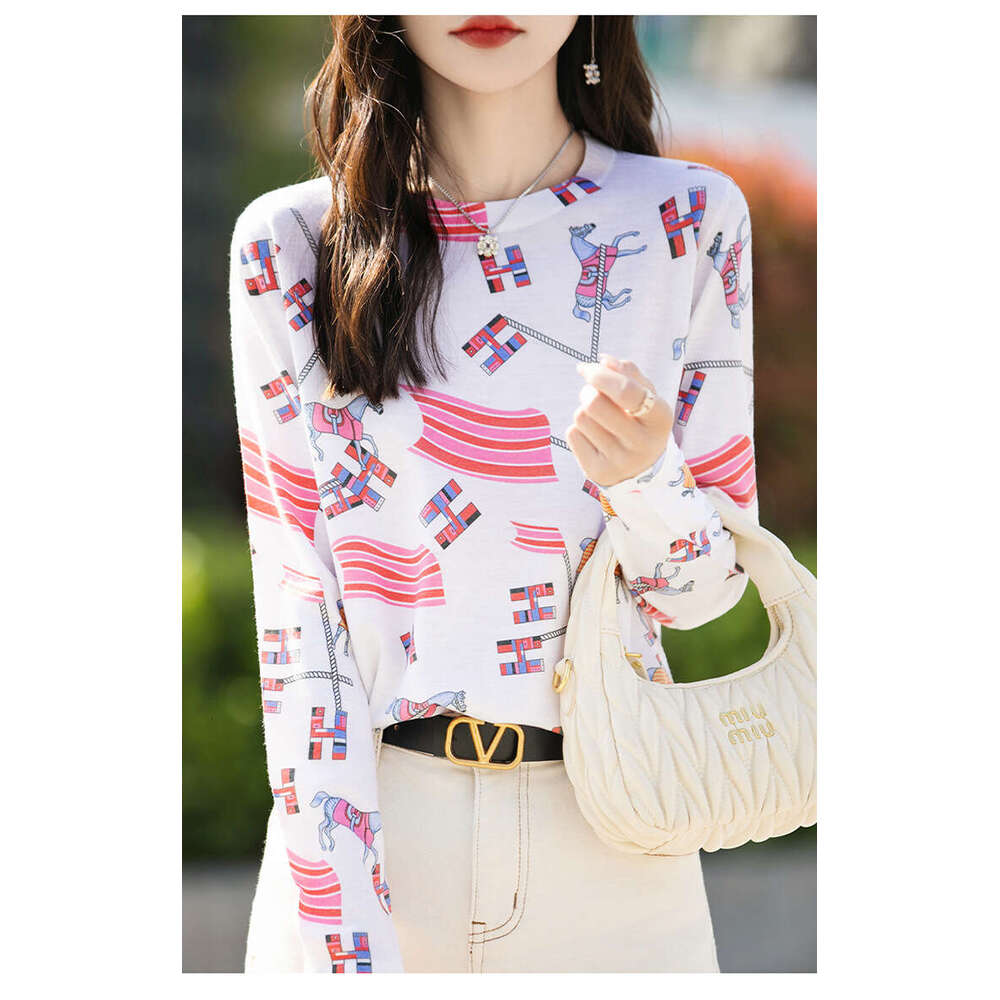 Printed T-Shirt Fashionable Slim And Temperament Knitted Sweater Pullover Korean Long-Sleeved Base Shirt