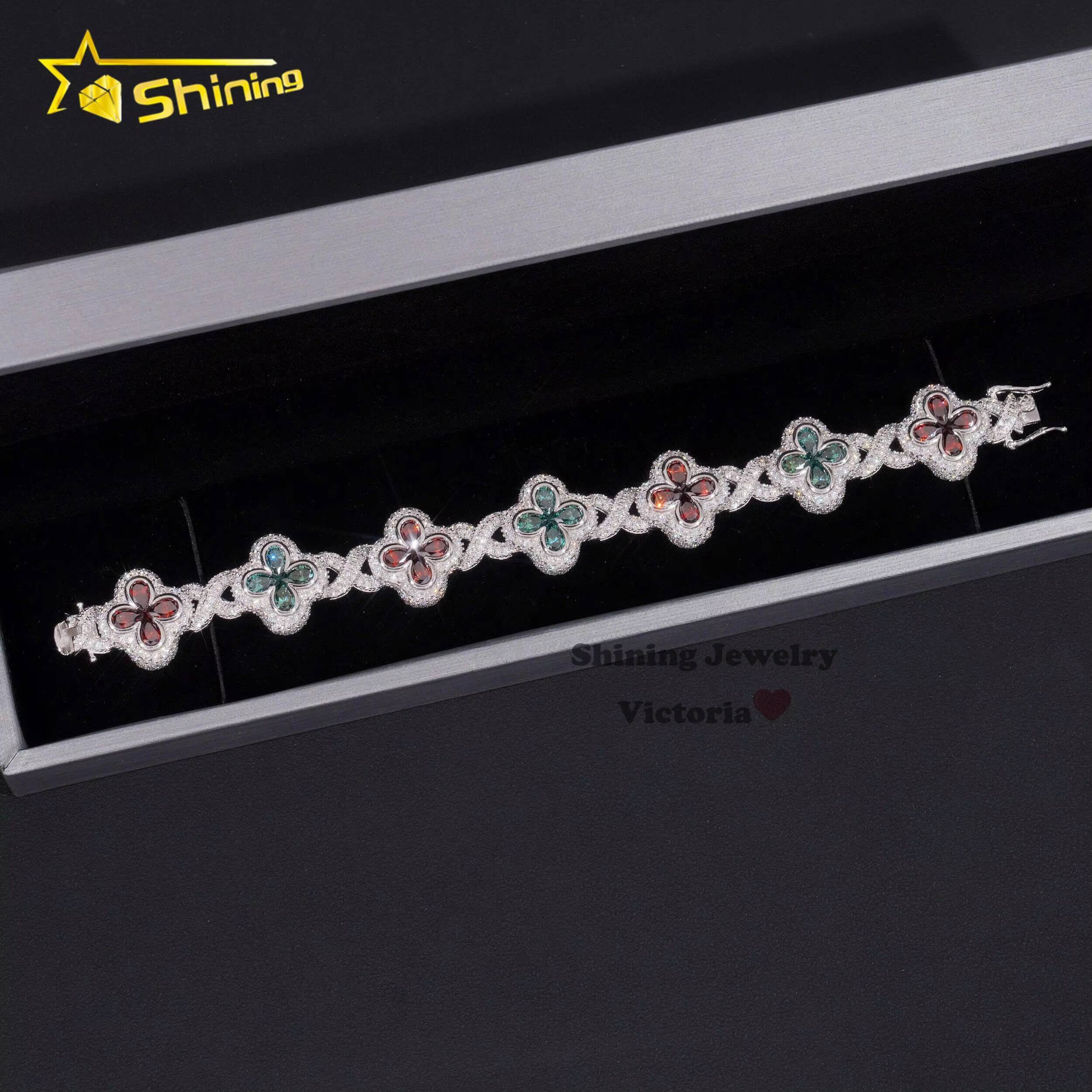 Fashion Christmas Jewelry Hip Hop Luxury Pear Colored Moissanite Diamond Clover Fancy Shape Mens Silver Cuban Bracelets