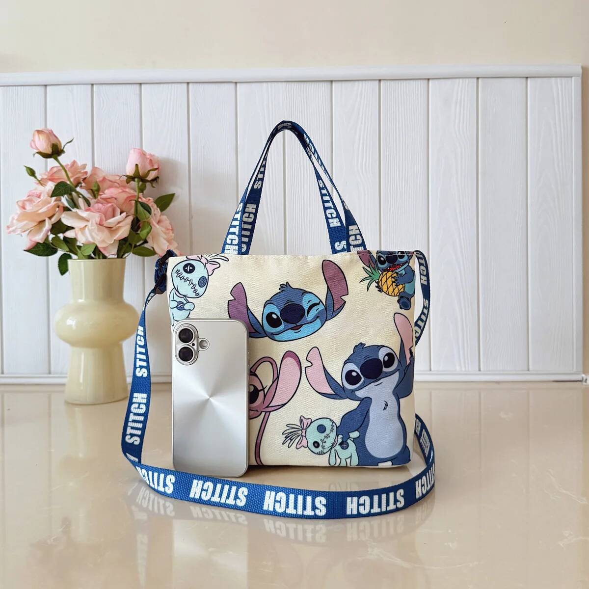 Custom Cute Disney Handbag Anime Cartoon Stitch Angel Canvas Shoulder Fashion Shopping Bag Holiday Gifts