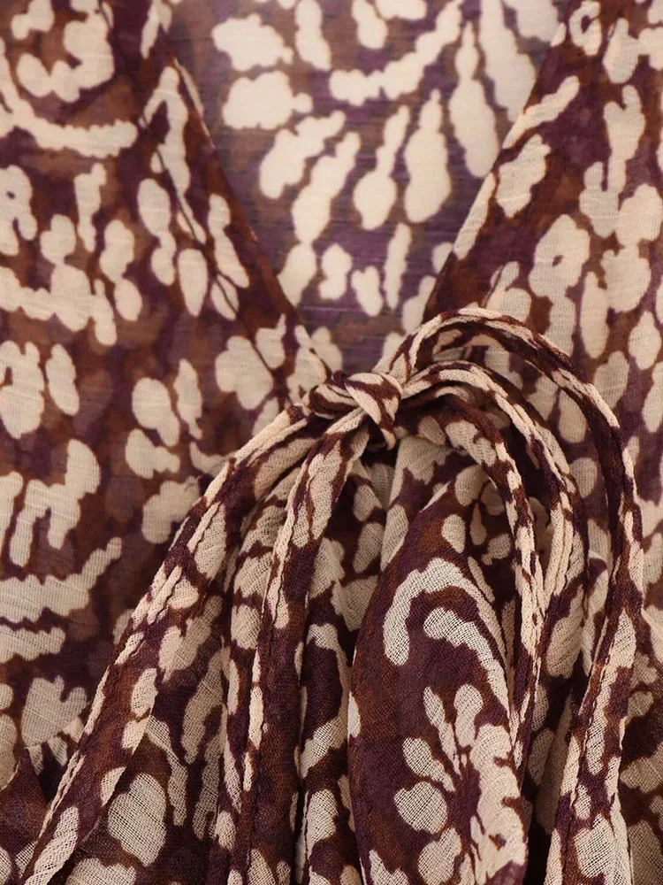 Womens Summer MIDI Dress Retro Printed Chiffon Vneck Layered Ruffle Bow Elegant Street 250418