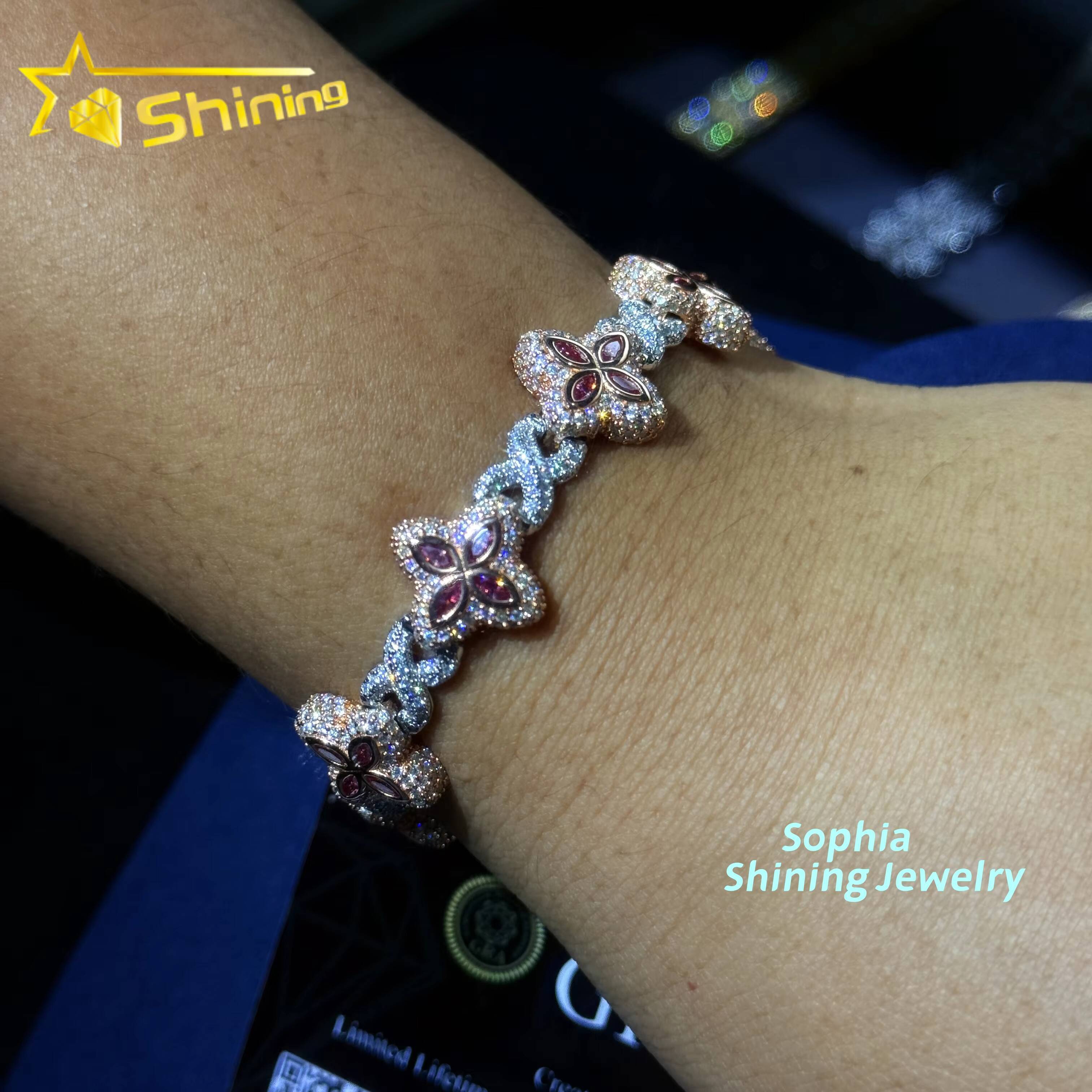 New Arrivals Fashion Jewelry 925 Sterling Silver Vvs Pink Color Moissanite Diamond Four Leaf Clover Cuban Link Tennis Bracelet