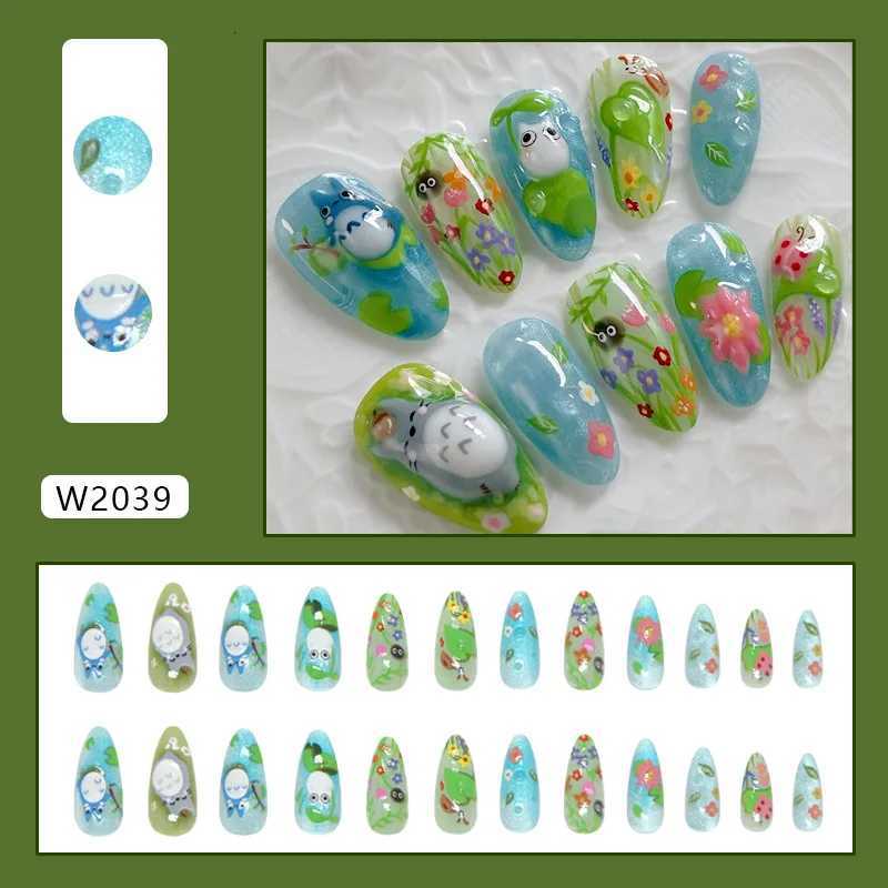 24Pcs Long Almond Press on Nails - 3D Cartoon Frog Design with Ocean Green Grass Red Flowers and BubblesT251118T251119