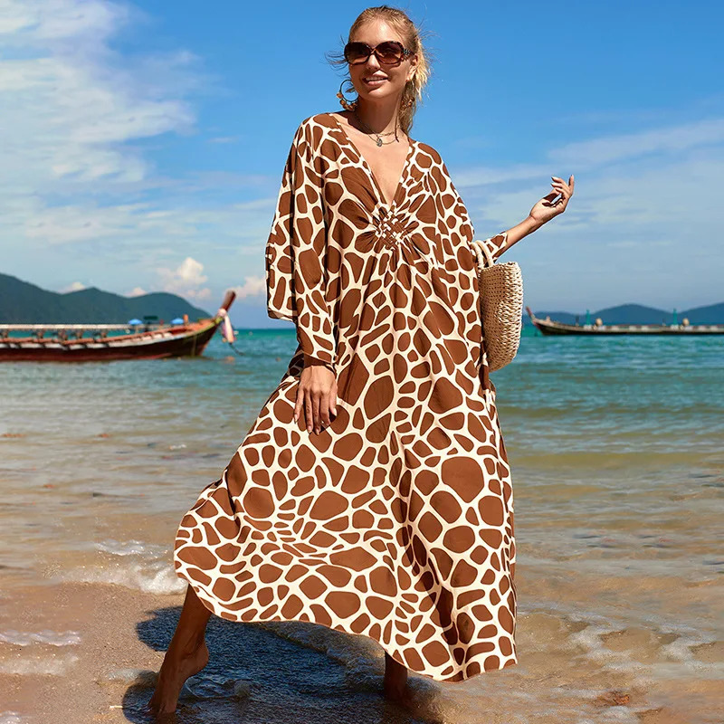 2023 Summer European and American Womens Printed Shirt Seaside Holiday Dress Loose Bikini Swimsuit Coat Khaki 2 250415Z