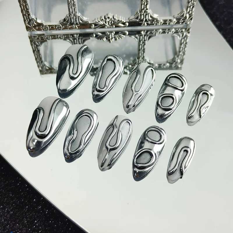 10PCS Handmade Y2k Press on Nails Silver Medium Almond Acrylic False Nails Full Cover Design Irregular goth Artificial Nail TipsT251118T251119