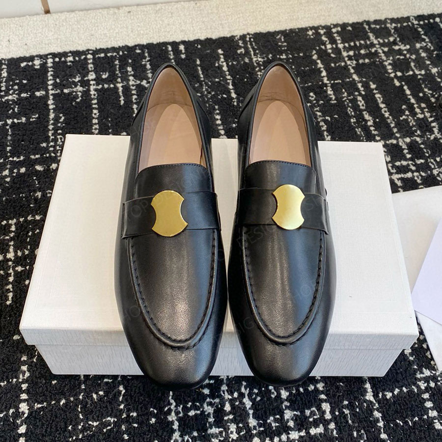 golden Buckle decoration womens loafers flat Dress shoes Apron toes Slip-on shoes Genuine Leather women luxury Women's Office leather shoes Size 35-41With box