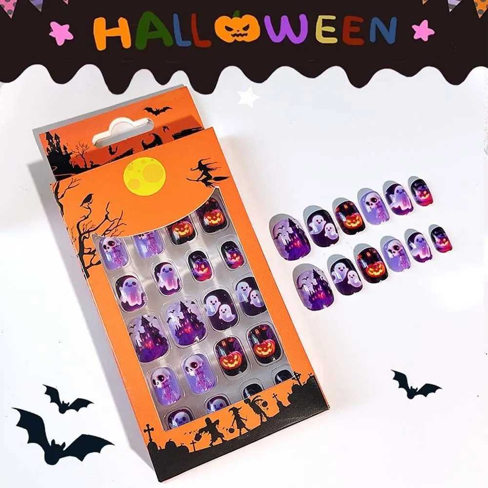 24Pcs/set Bat Spider Web Children Halloween False Nails Pumpkin Ghost Kids Cartoon Fake Nails Nail Supplies with Jelly GelT251118T251119