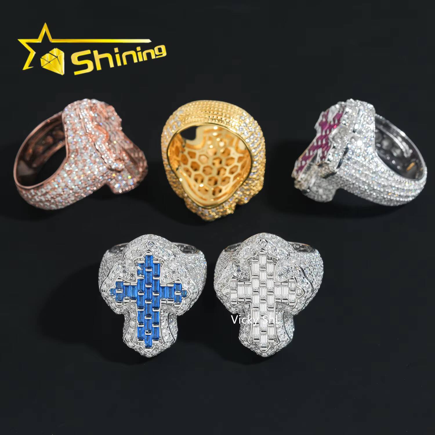 Iced Out Moissanite Mens Ring 925 Sterling Silver VVS Moissanite Cross Ring GRA Custom Hip Hop Ring Moissanite Jewelry