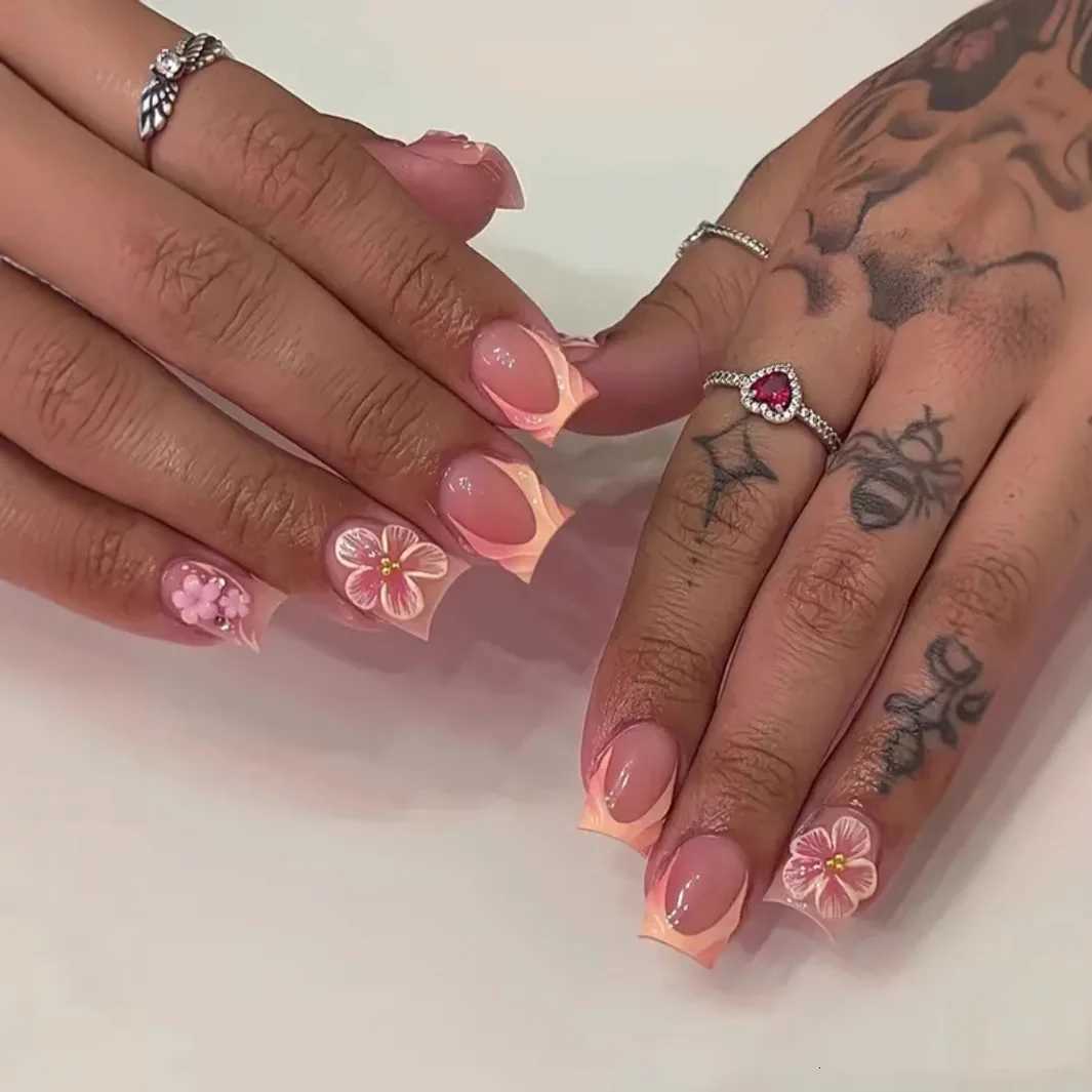 24Pcs Short Square Head Press on Nails Yellow French 3D Flower Fake Nails Blue Smudge Pearl Reusable Full Cover False Nails TipsT251118T251119